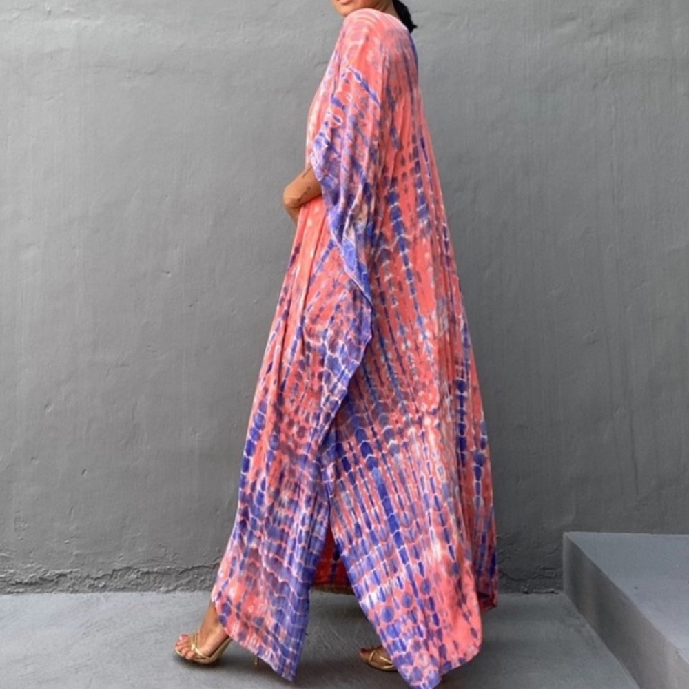 Pink Boho Tie Dye Kaftan Kimono Coverup Dress - Picture 4 of 5